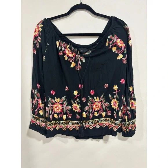 Liv Los Angeles XL Embroider Boho Peasant Blouse Floral Tassel Top Chic Western - Picture 1 of 4